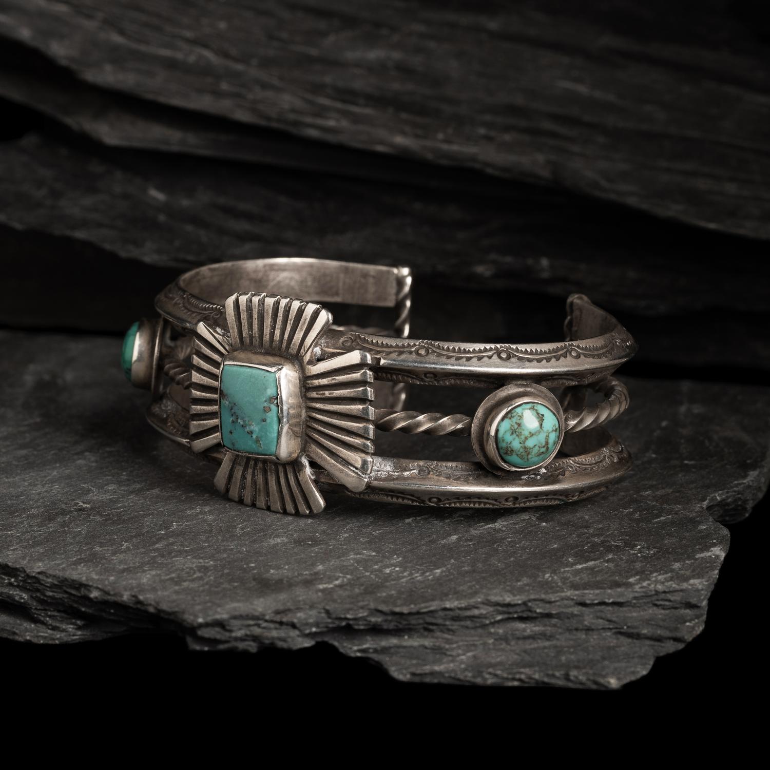 Navajo Silver and Turquoise Cuff Bracelet with Maltese Cross