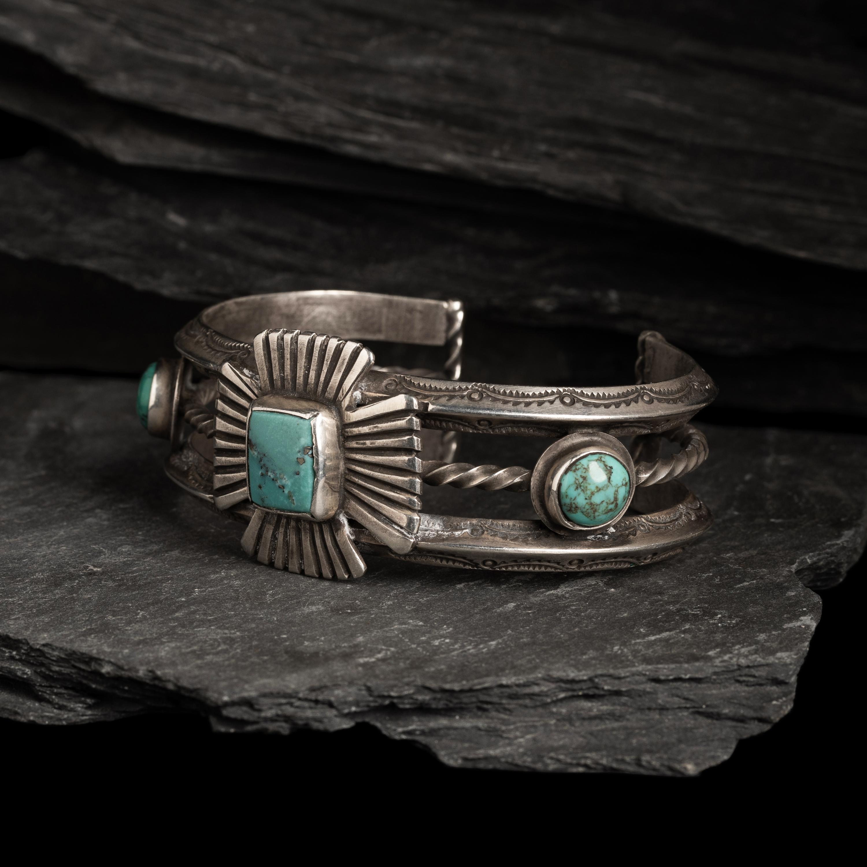 Navajo Silver and Turquoise Cuff Bracelet with Maltese Cross