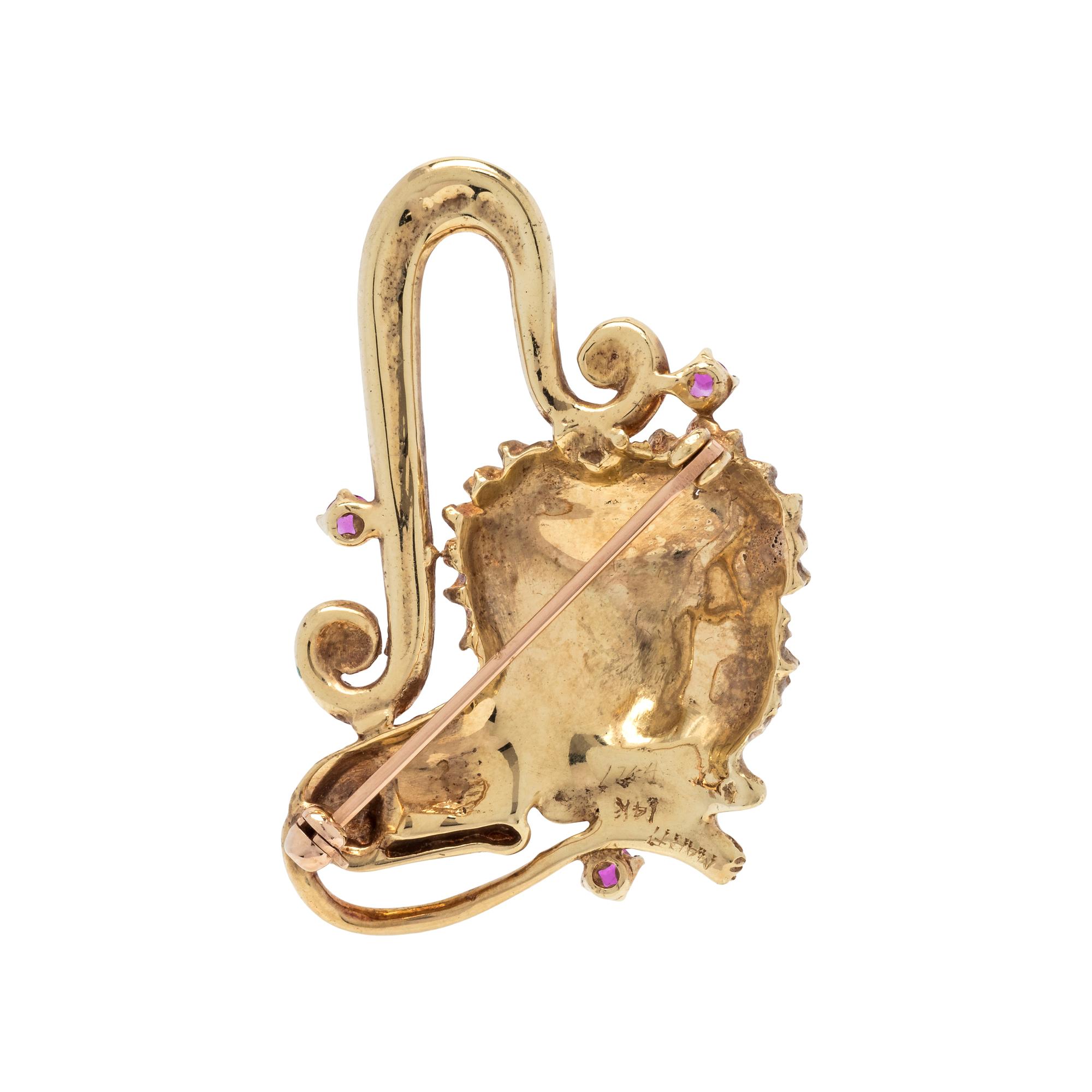 YELLOW GOLD, RUBY AND ENAMEL LION BROOCH
