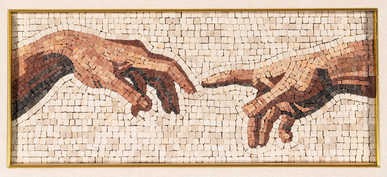 An Italian Mosaic Plaque Depicting a Detail of Creation of Adam After Michelangelo