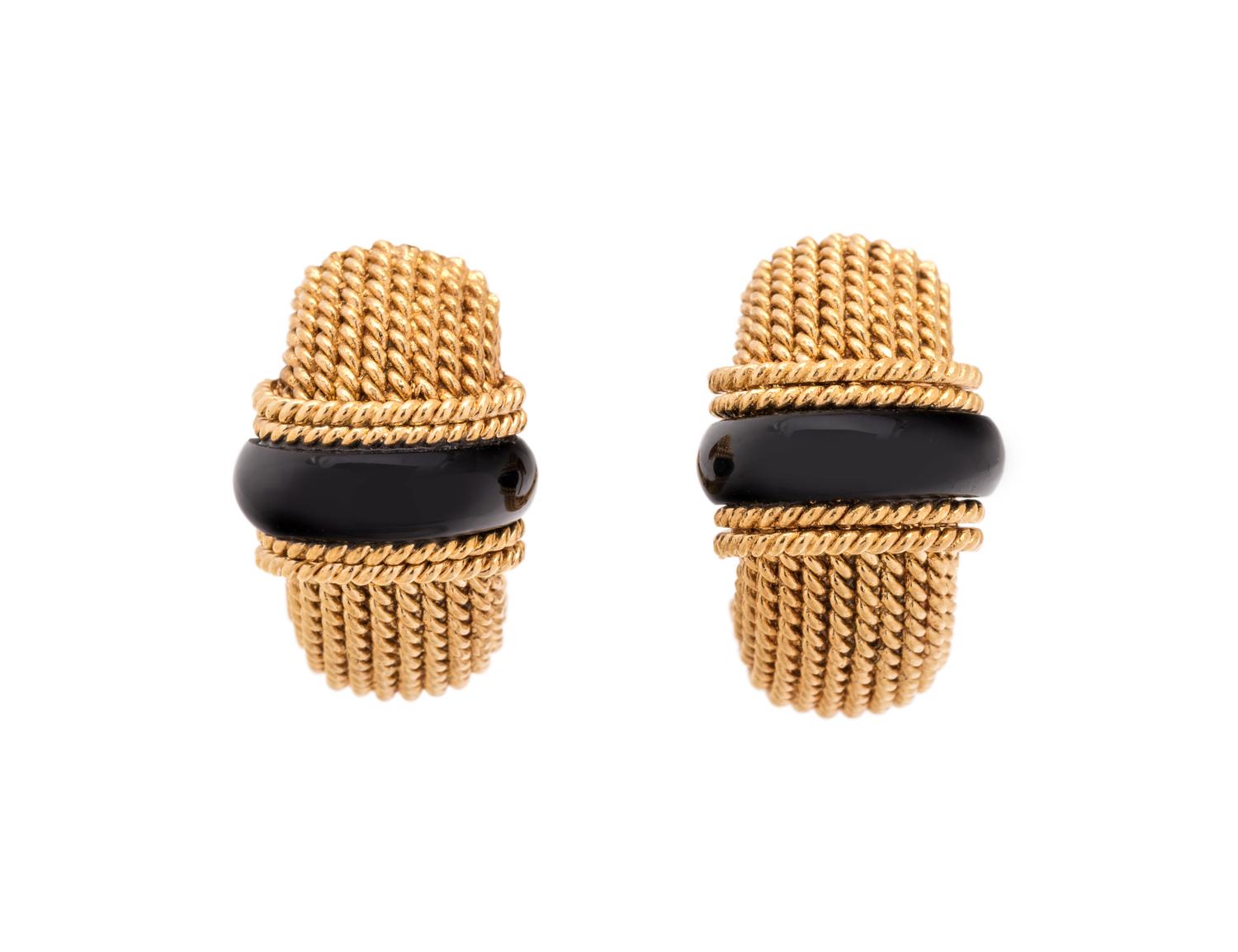 ROBERTO COIN, YELLOW GOLD AND ONYX EARCLIPS