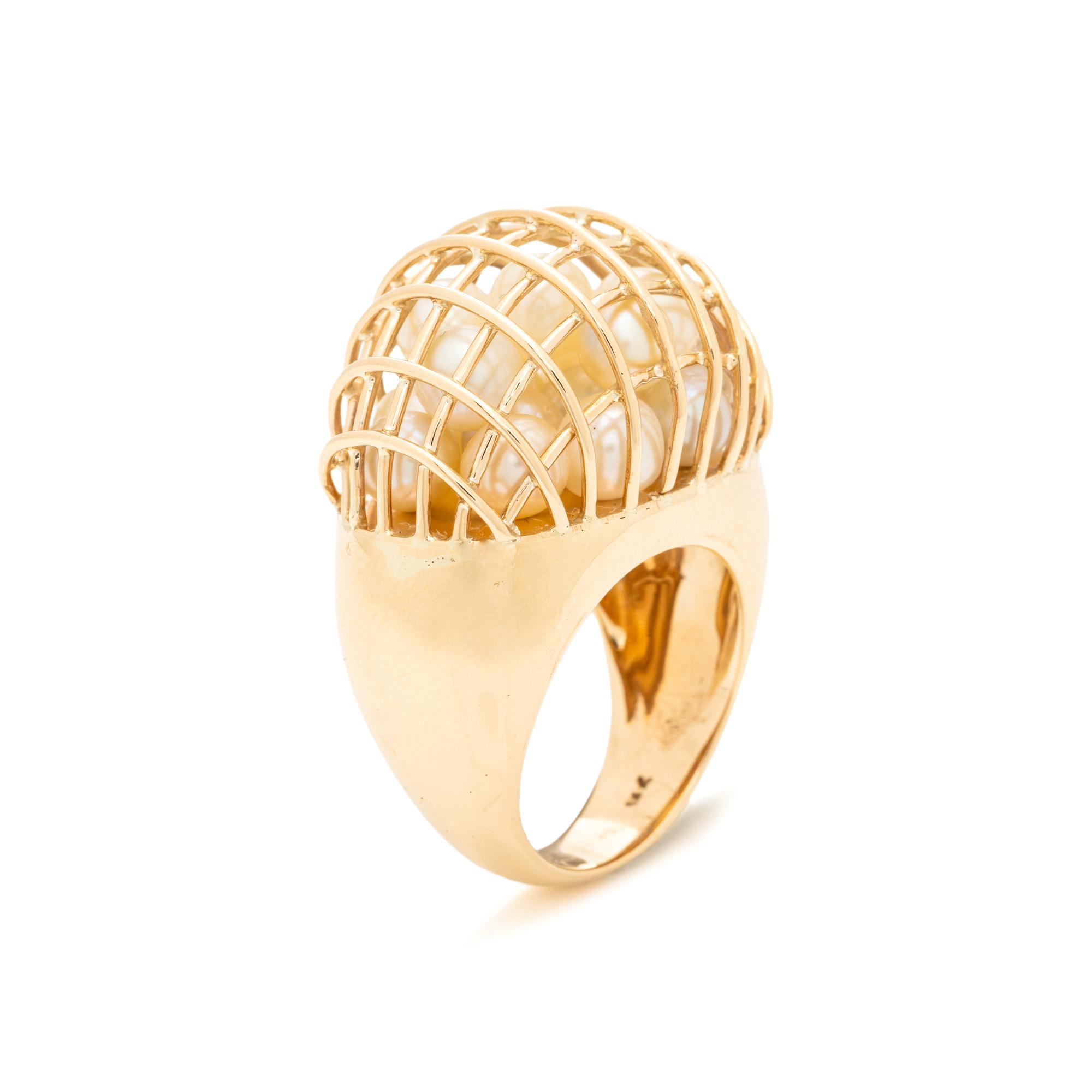 LEVITAN, YELLOW GOLD AND CULTURED PEARL CAGE RING
