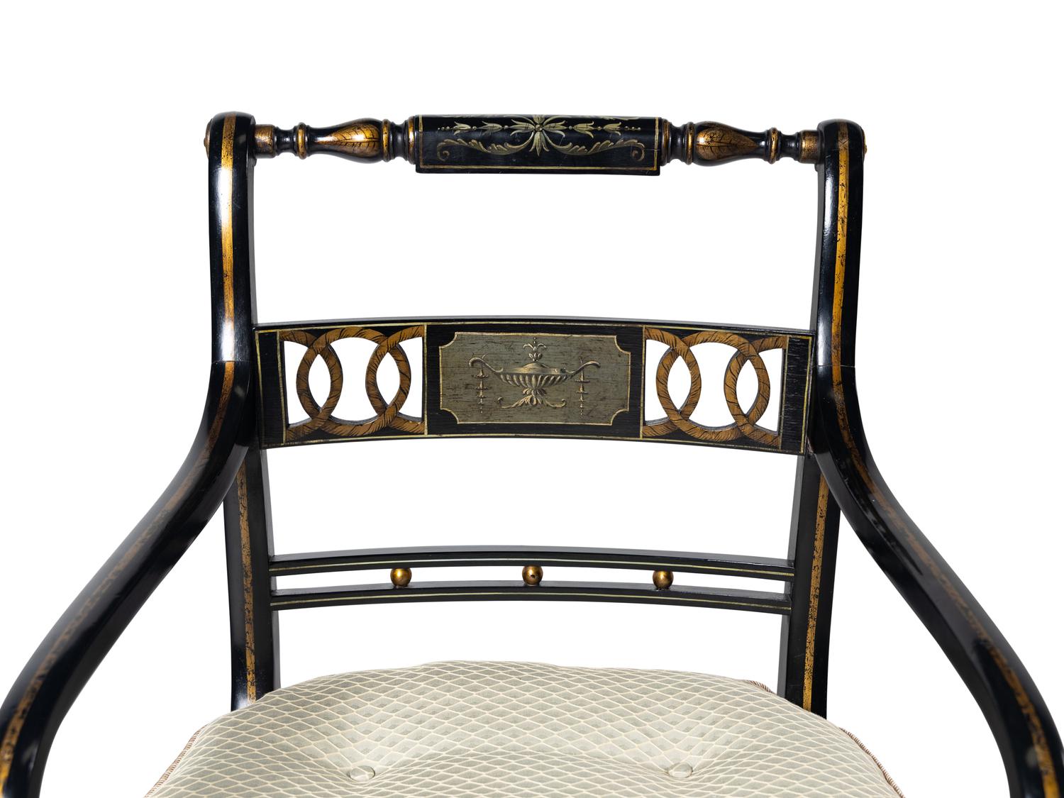 A Set of Four Regency Style Painted and Parcel Gilt Armchairs