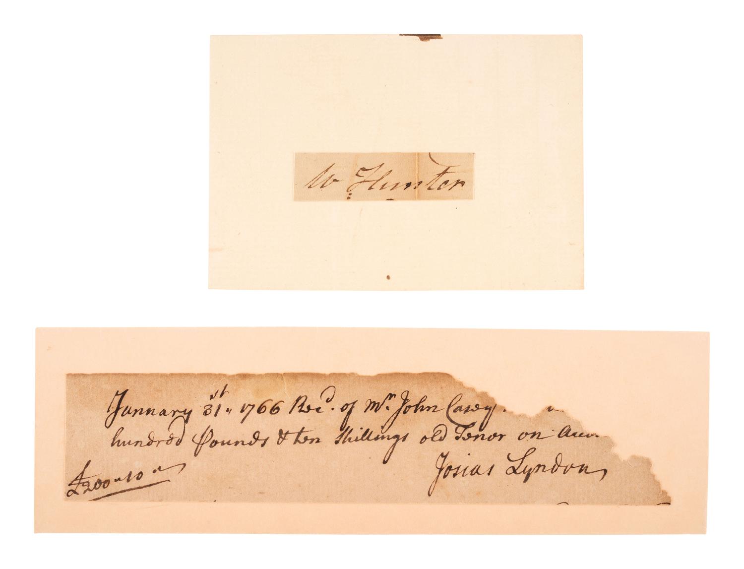 [RHODE ISLAND]. Partly-printed liquor permit. Bristol County, 26 July 1787. [ With :] Clipped signatures of Governor Josias LYNDON and Senator William HUNTER.