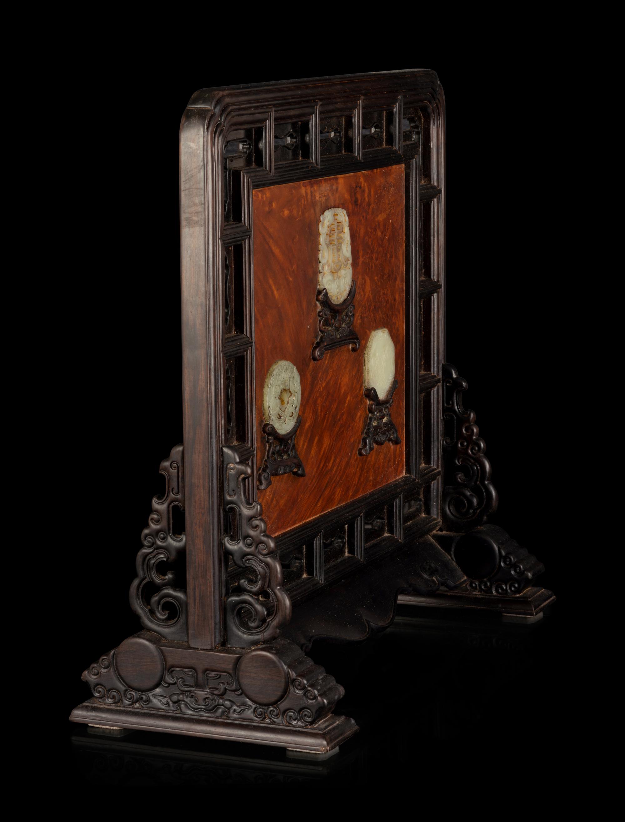A Chinese Burlwood Inset Jade Inlaid Table Screen