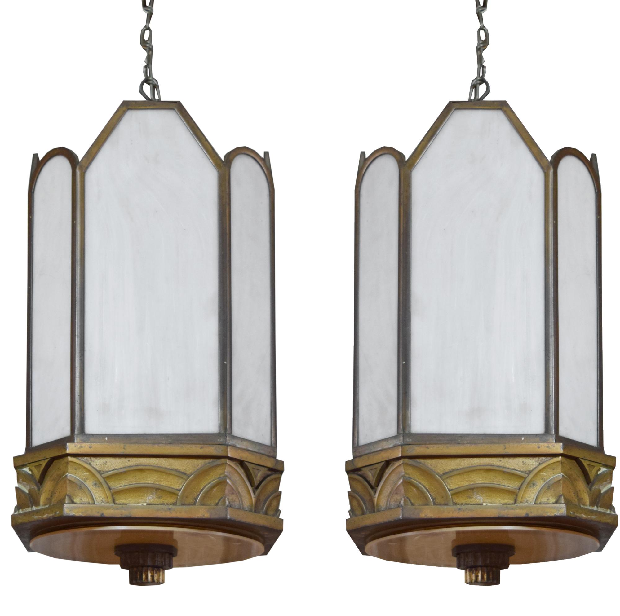 A Pair of Art Deco Bronze Chandeliers 11" W x 11" D x 30.5" H — United States, Circa 1920