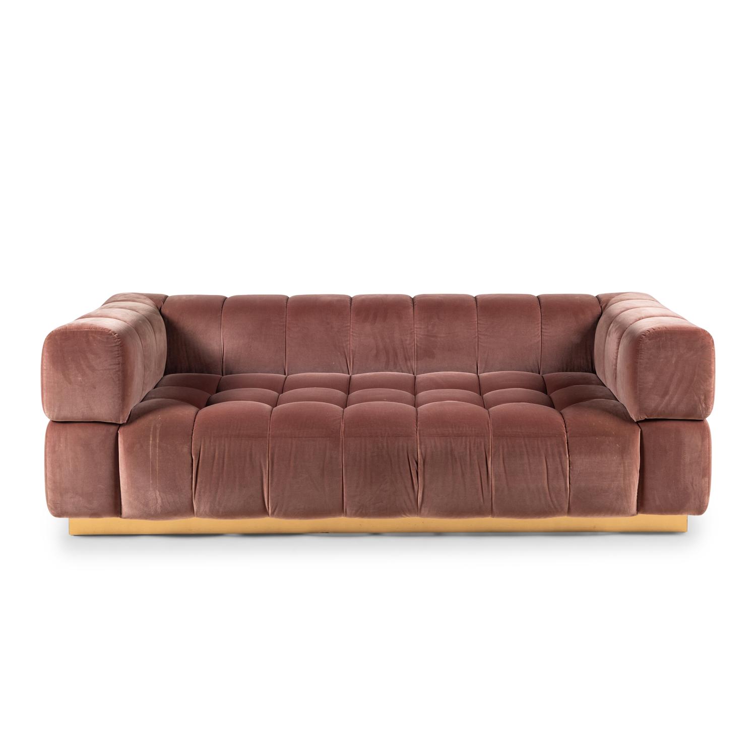 A Custom Tufted Velvet and Brass Sofa