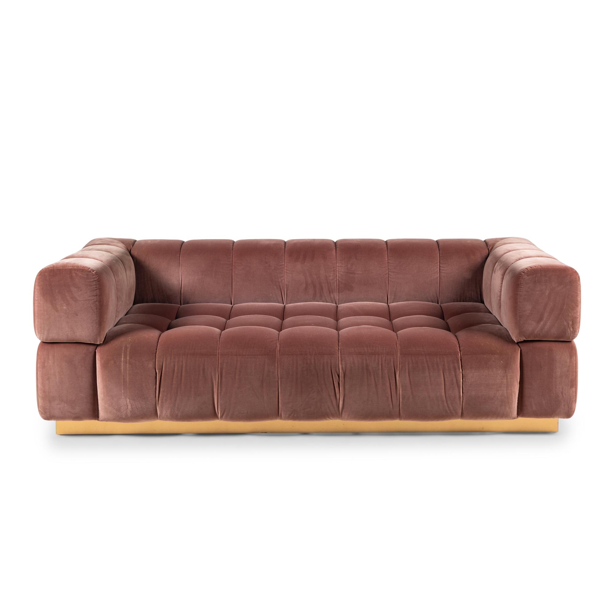 A Custom Tufted Velvet and Brass Sofa