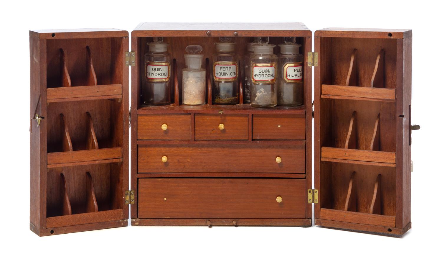 An English Brass-Mounted Medicine Cabinet Height of case 14 1/4 x width 13 inches. — LATE 19TH CENTURY