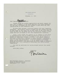 CLINTON, William Jefferson (b. 1946). Typed letter signed (“Bill Clinton”), with one holograph emendation, as United States President, to Carlos J. Moorhead. Washington D. C., 17 November 1993. 1 page, 8vo, on White House letterhead, three-hole punch.