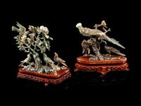 Two Chinese Spinach Jade Figural Groups of Birds