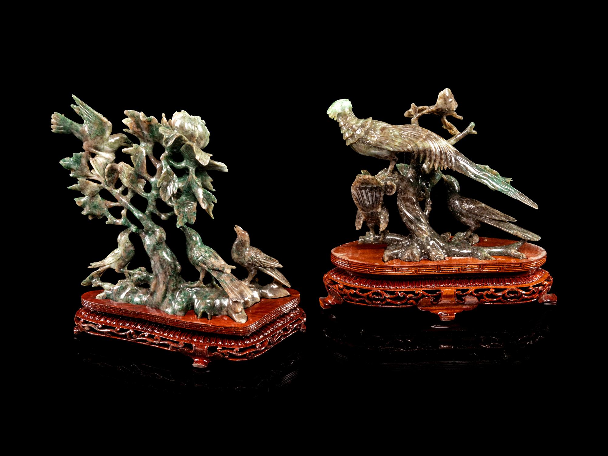 Two Chinese Spinach Jade Figural Groups of Birds