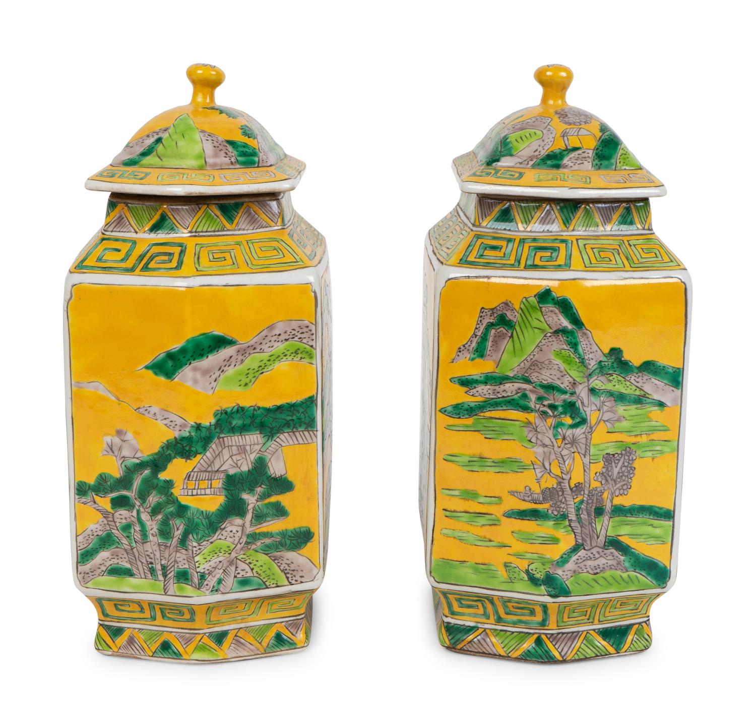 A Pair of Chinese Famille Verte Porcelain Lidded Jars