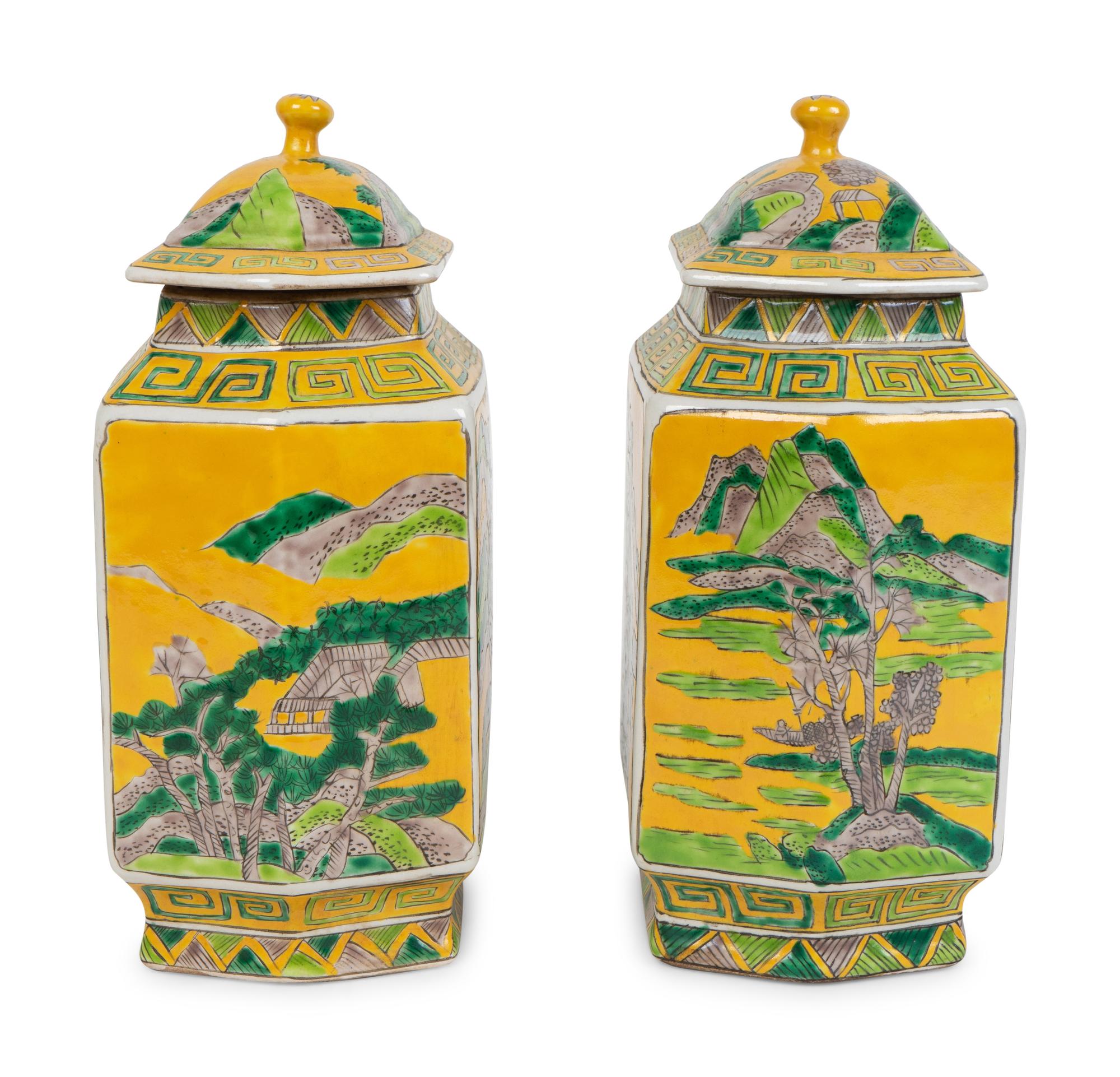 A Pair of Chinese Famille Verte Porcelain Lidded Jars