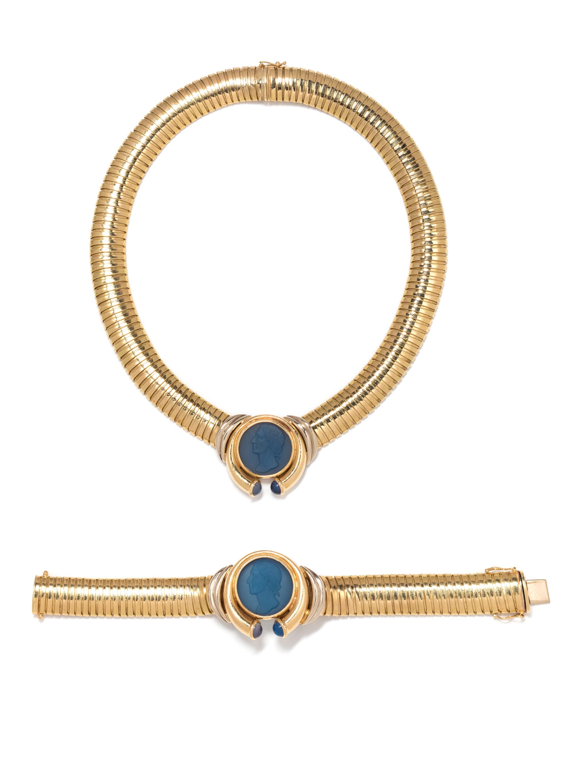 A 14 Karat Yellow Gold, Chalcedony and Glass Demi-Parure, Italian,