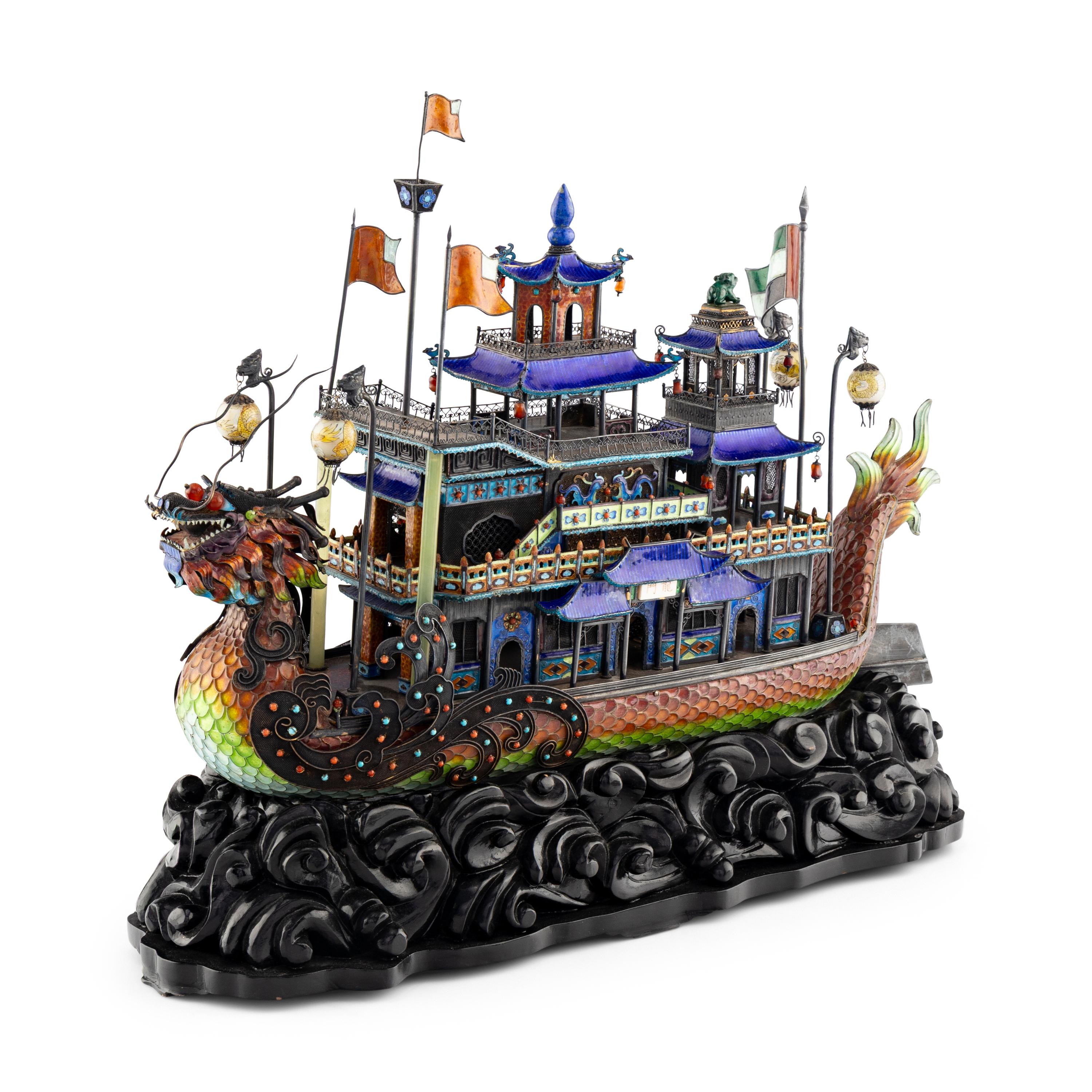 A Chinese Silver, Enamel and Hardstone Mounted Model of a Boat