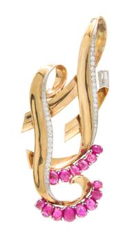 A Retro Yellow Gold, Platinum, Rose Gold, Ruby and Diamond Brooch, 24.90 dwts.
