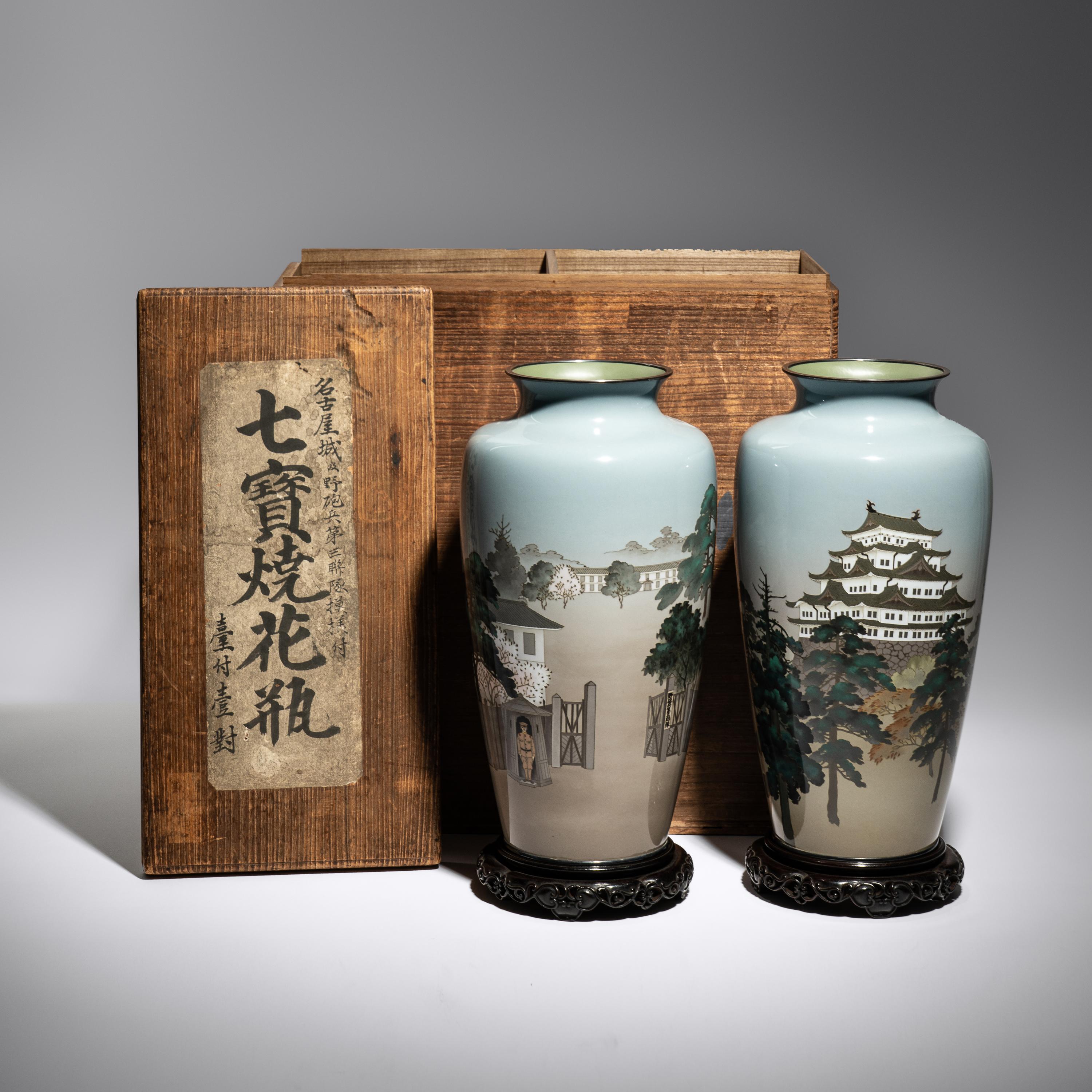 An Impressive Pair of Large Japanese Cloisonné Presentation Vases, Ando Jubei Studio, Late Meiji to Taisho Period — 日本明治-大正時期 安藤七寶店七寶燒花瓶一對