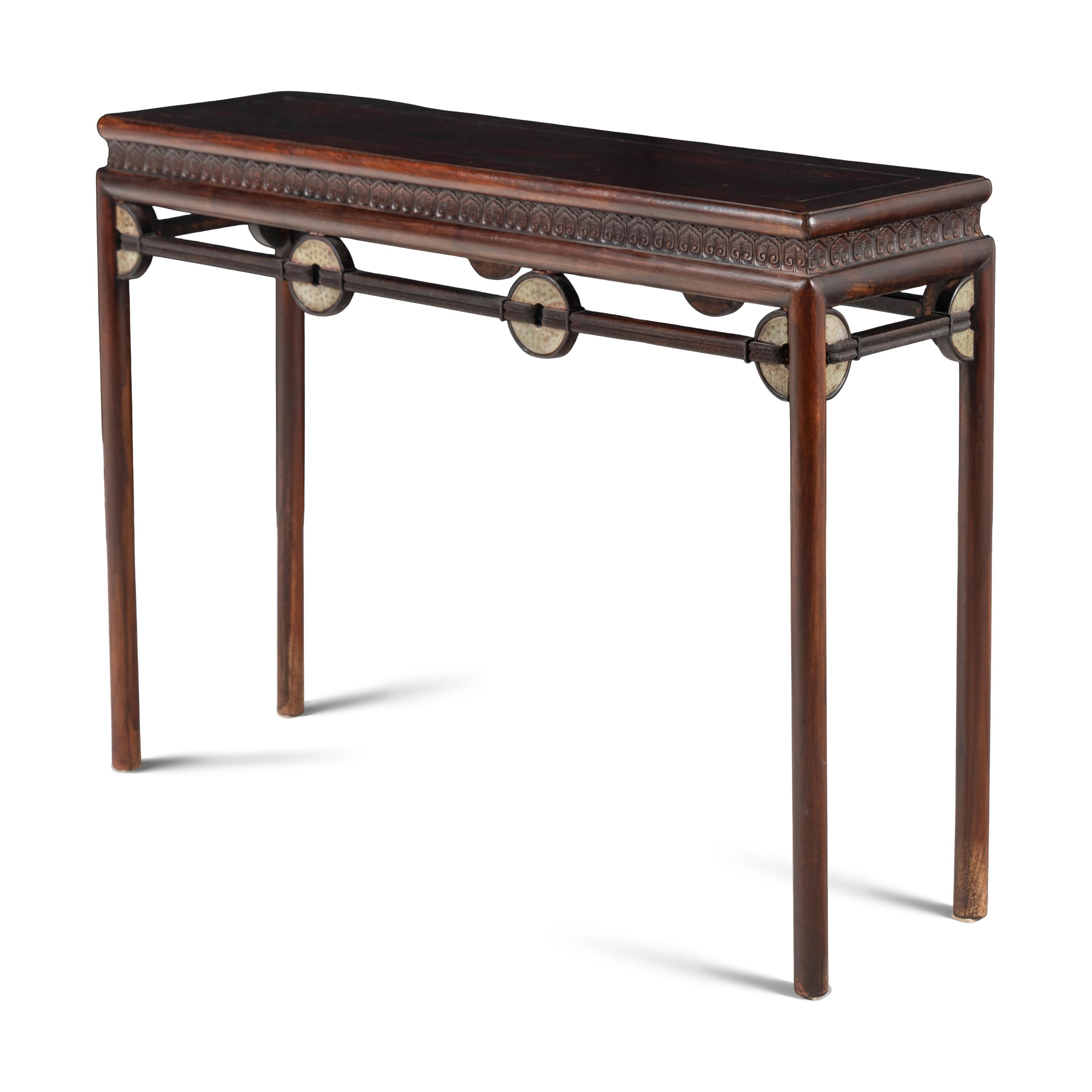 A Chinese Jade Bi Disc Mounted Hardwood Altar Table, Tiao'an, 20th Century 近代 硬木嵌玉璧小條案