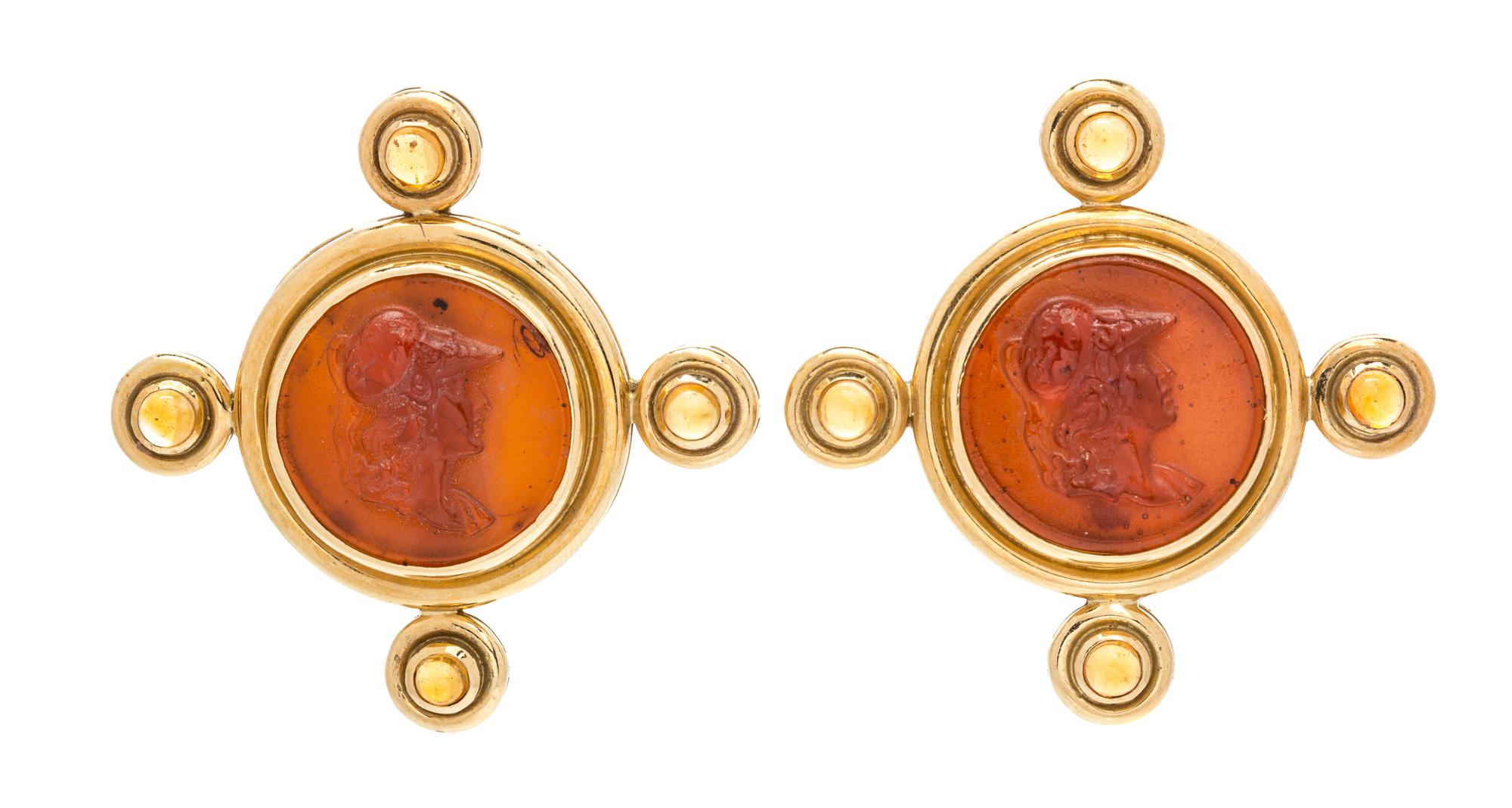 A Pair of 18 Karat Yellow Gold, Glass and Citrine Earclips, 17.50 dwts.