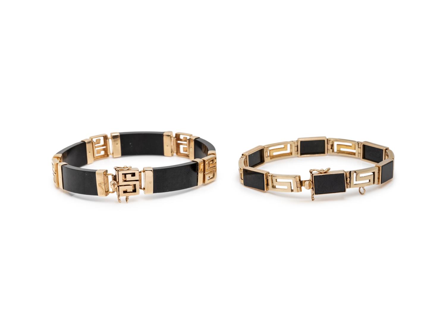 COLLECTION OF YELLOW GOLD AND BLACK JADE JEWELRY