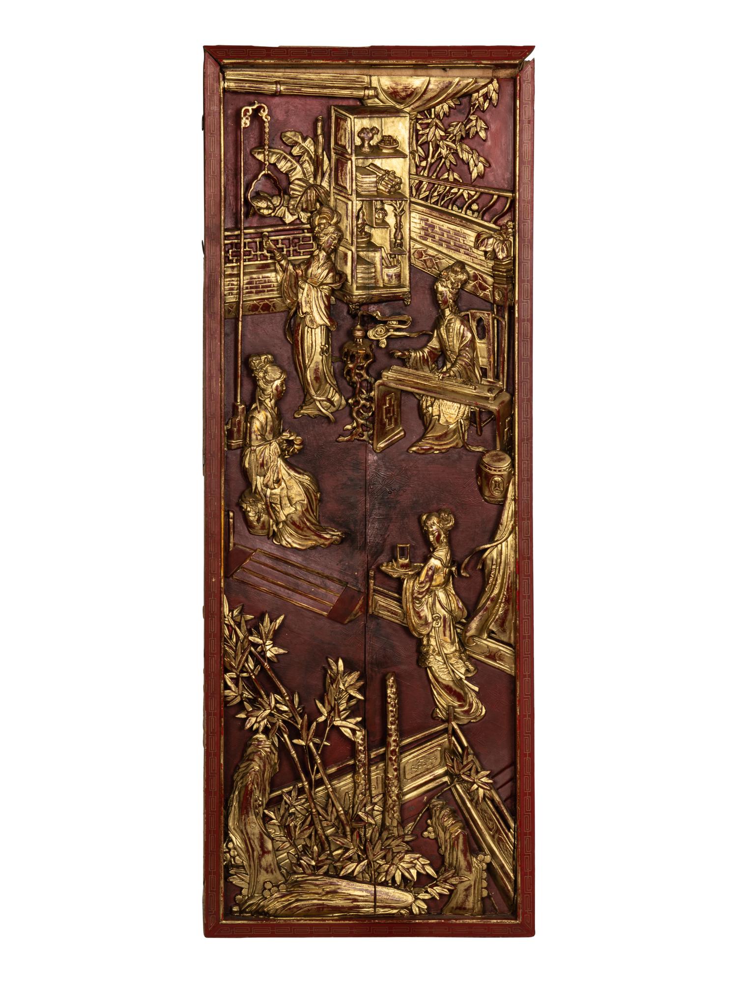 Two Pairs of Chinese Gilt and Red Lacquered Wood Panels