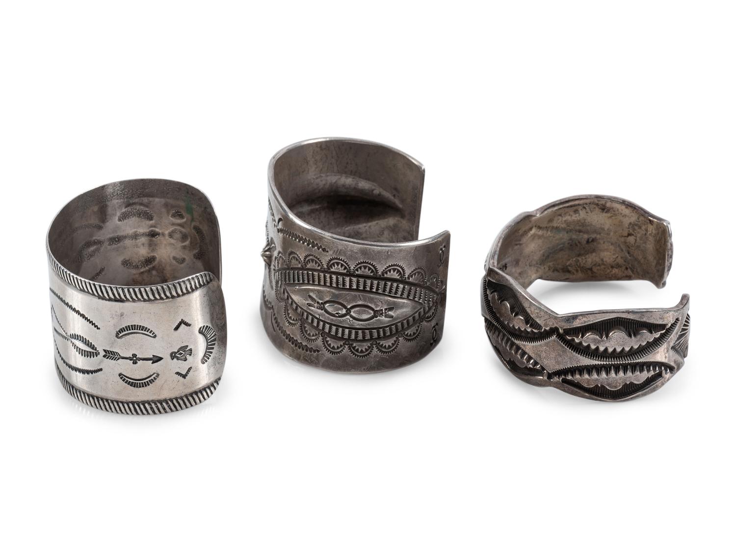 Navajo and Apache Heavily Stamped Sterling Silver and Ingot Cuff Bracelets