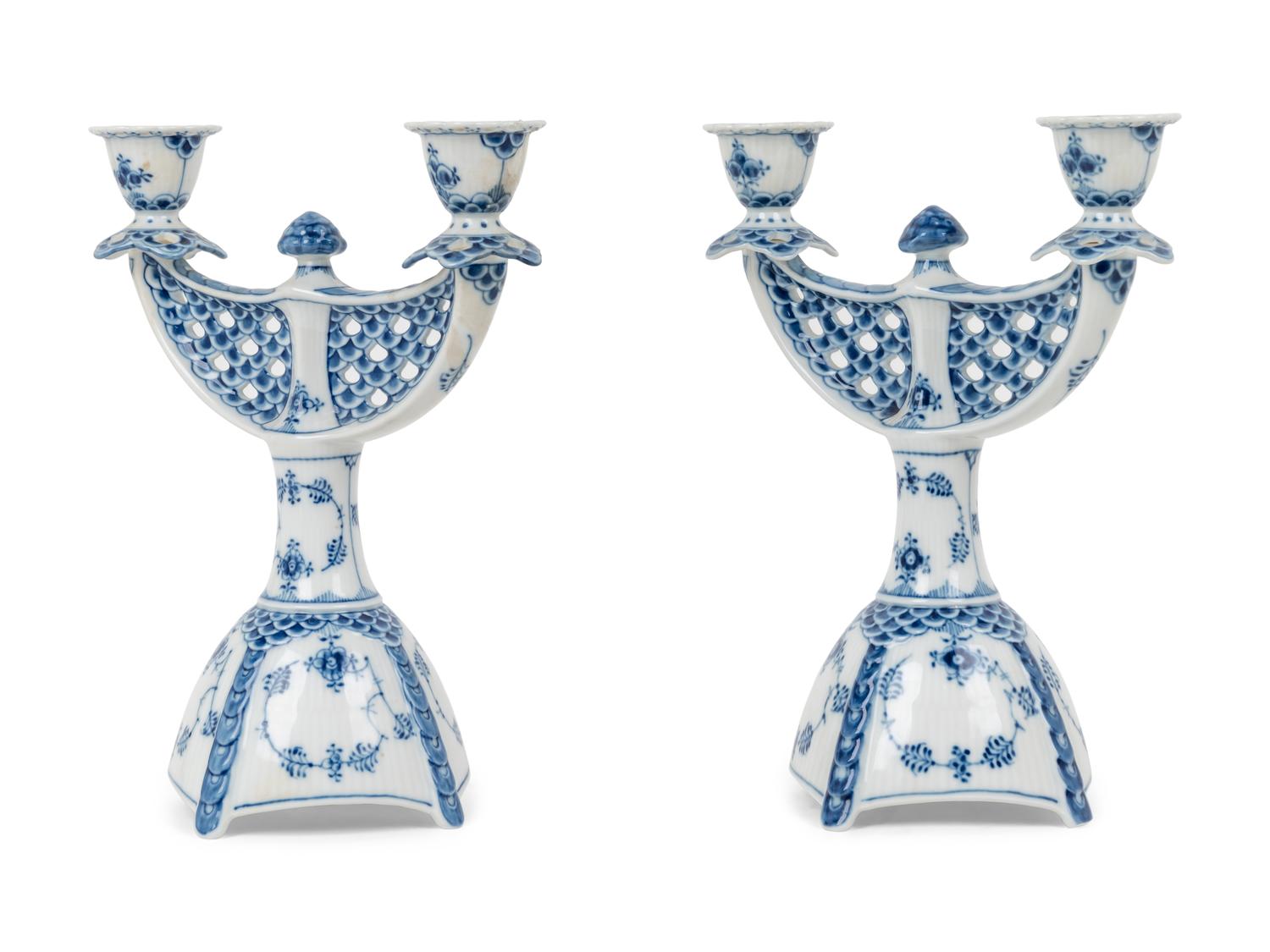 A Pair of Royal Copenhagen Full Lace Porcelain Candelabra