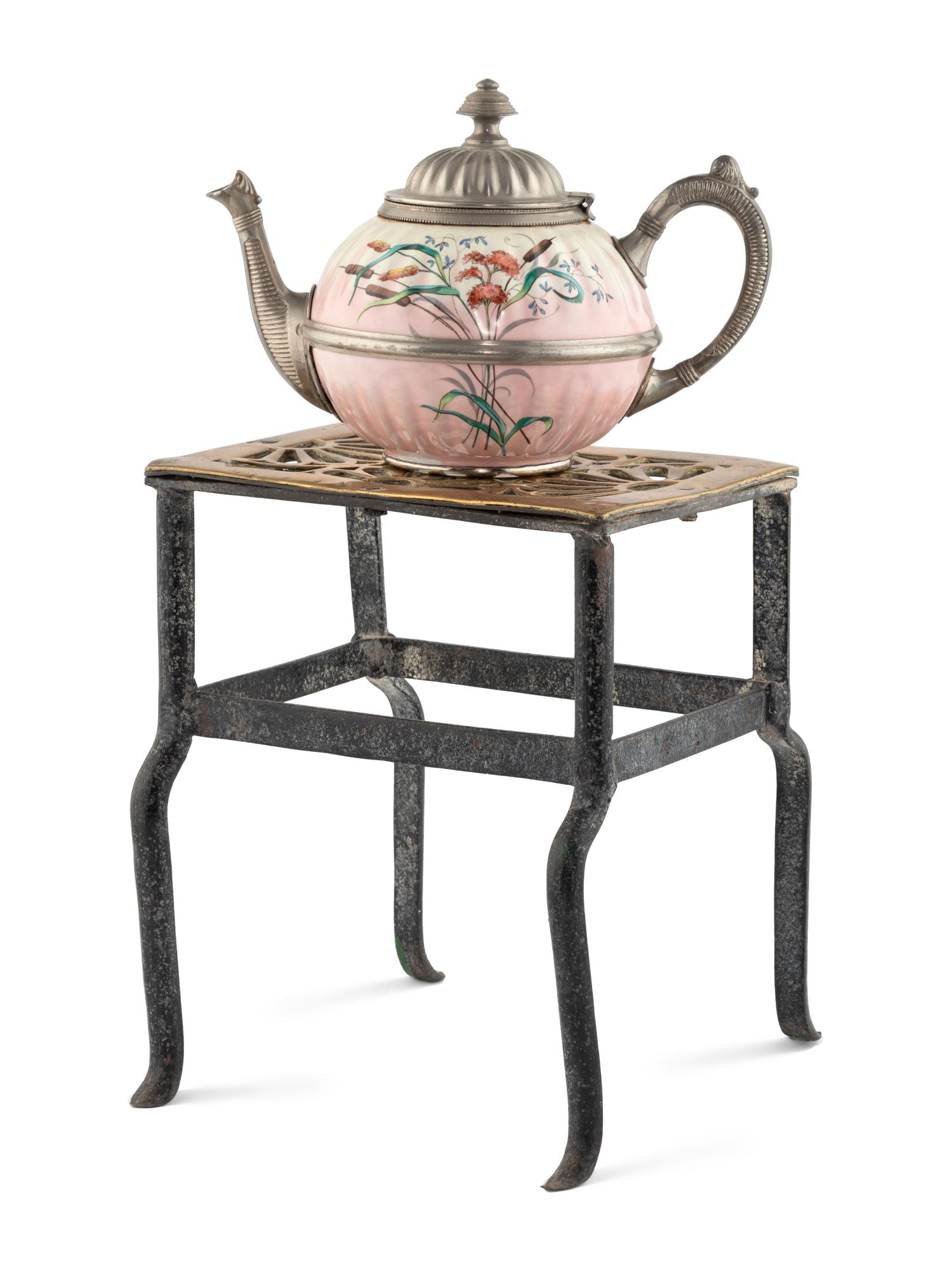 An English Brass and Steel Kettle Warming Stand with a Pewter and Earthenware Teapot