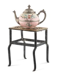 An English Brass and Steel Kettle Warming Stand with a Pewter and Earthenware Teapot