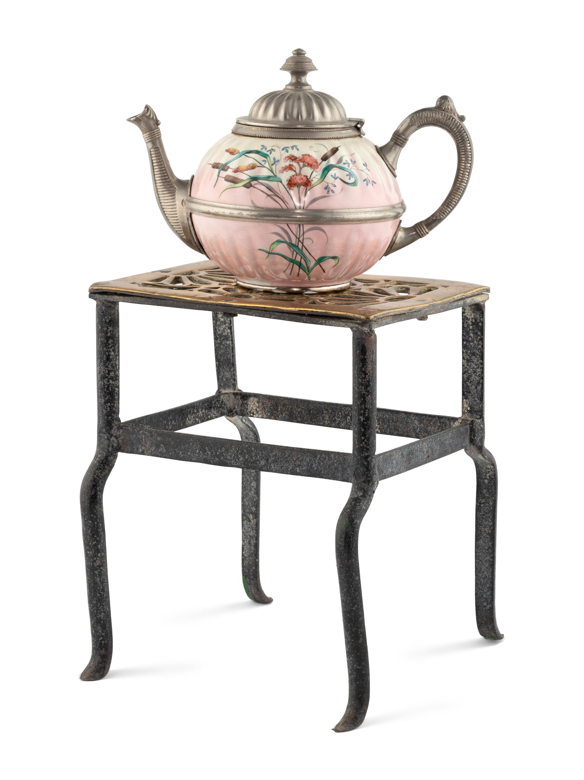 An English Brass and Steel Kettle Warming Stand with a Pewter and Earthenware Teapot