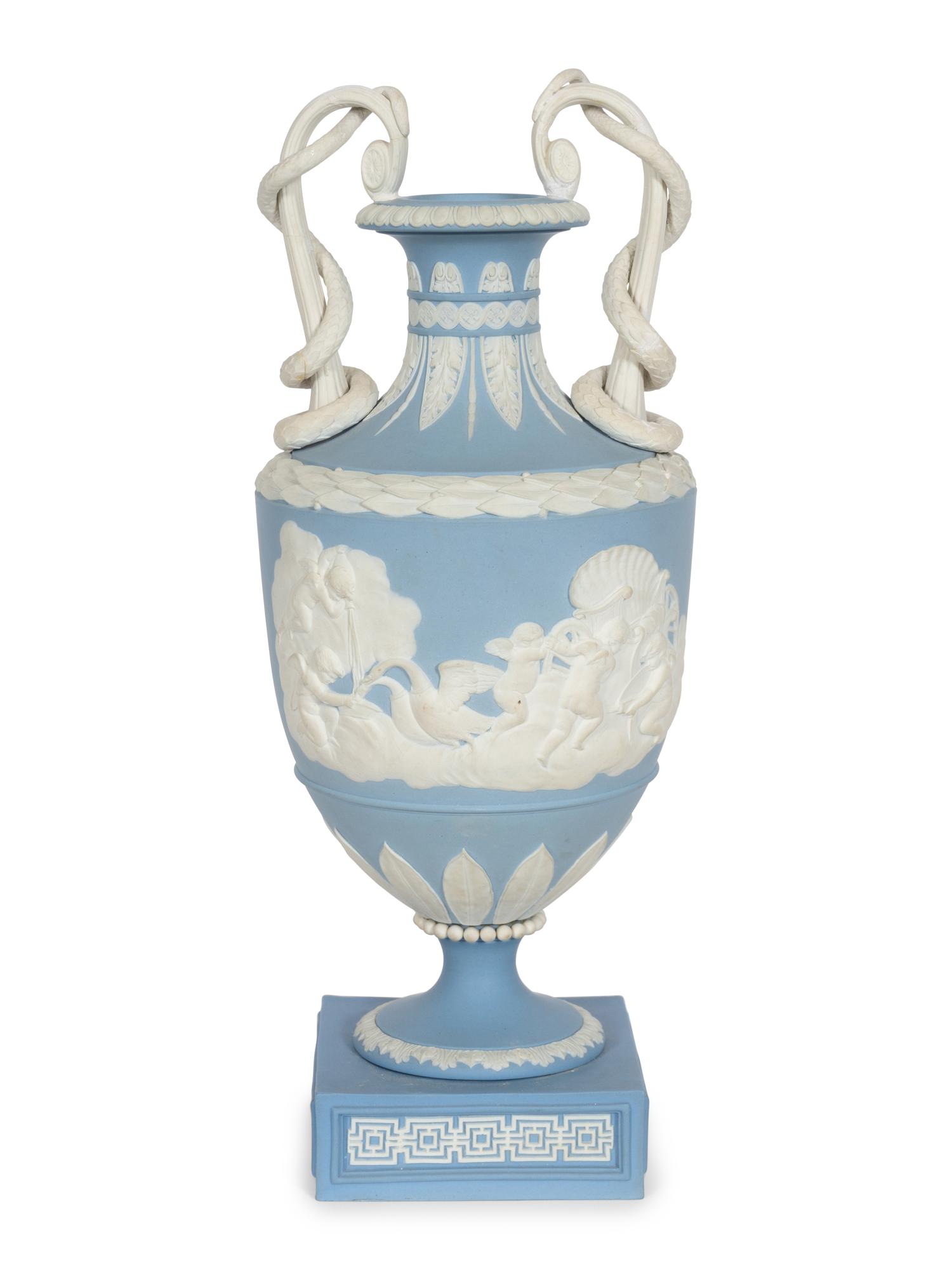A Pale Blue Wedgwood Jasperware Two-Handled Serpent Vase