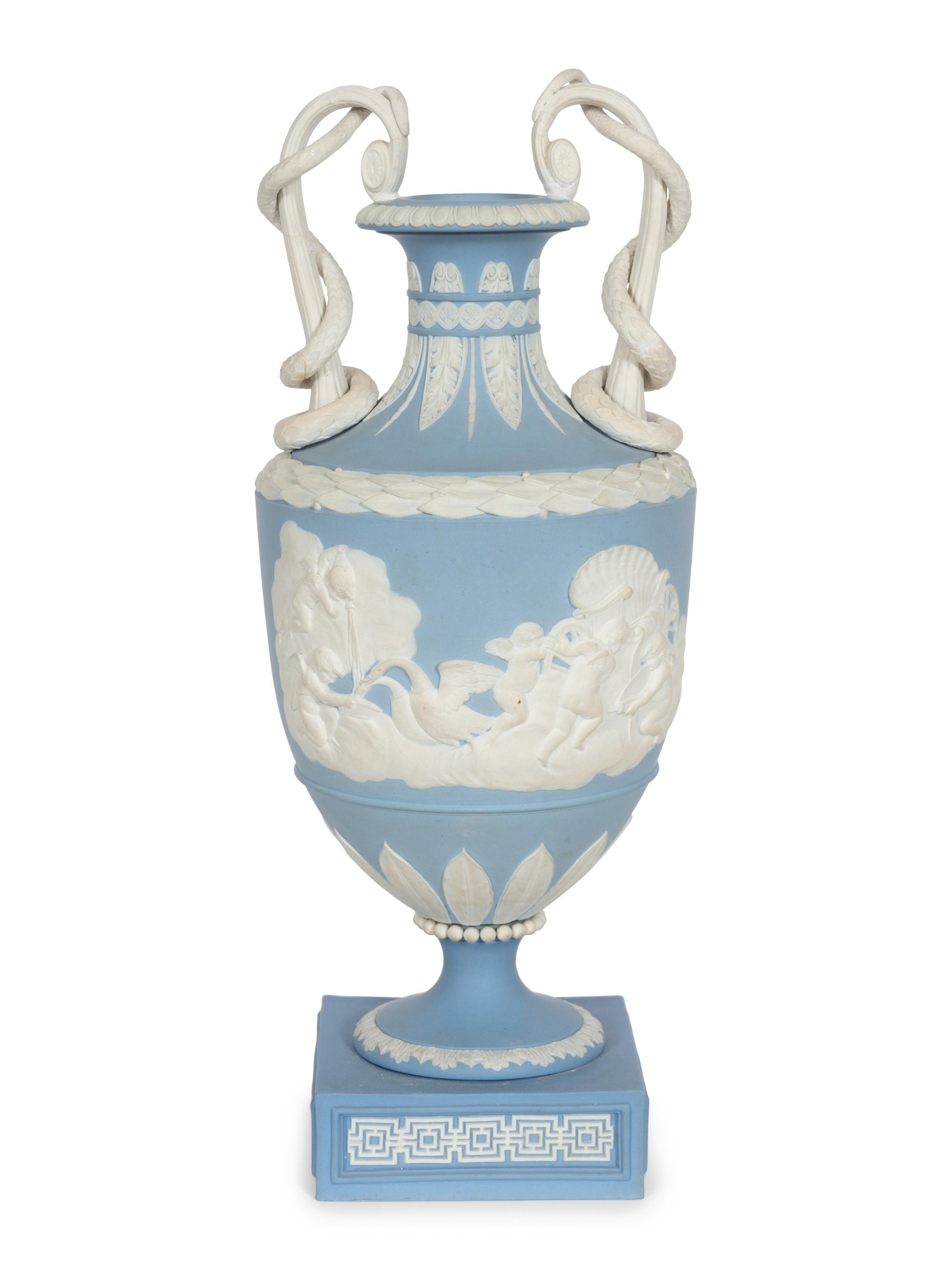 A Pale Blue Wedgwood Jasperware Two-Handled Serpent Vase