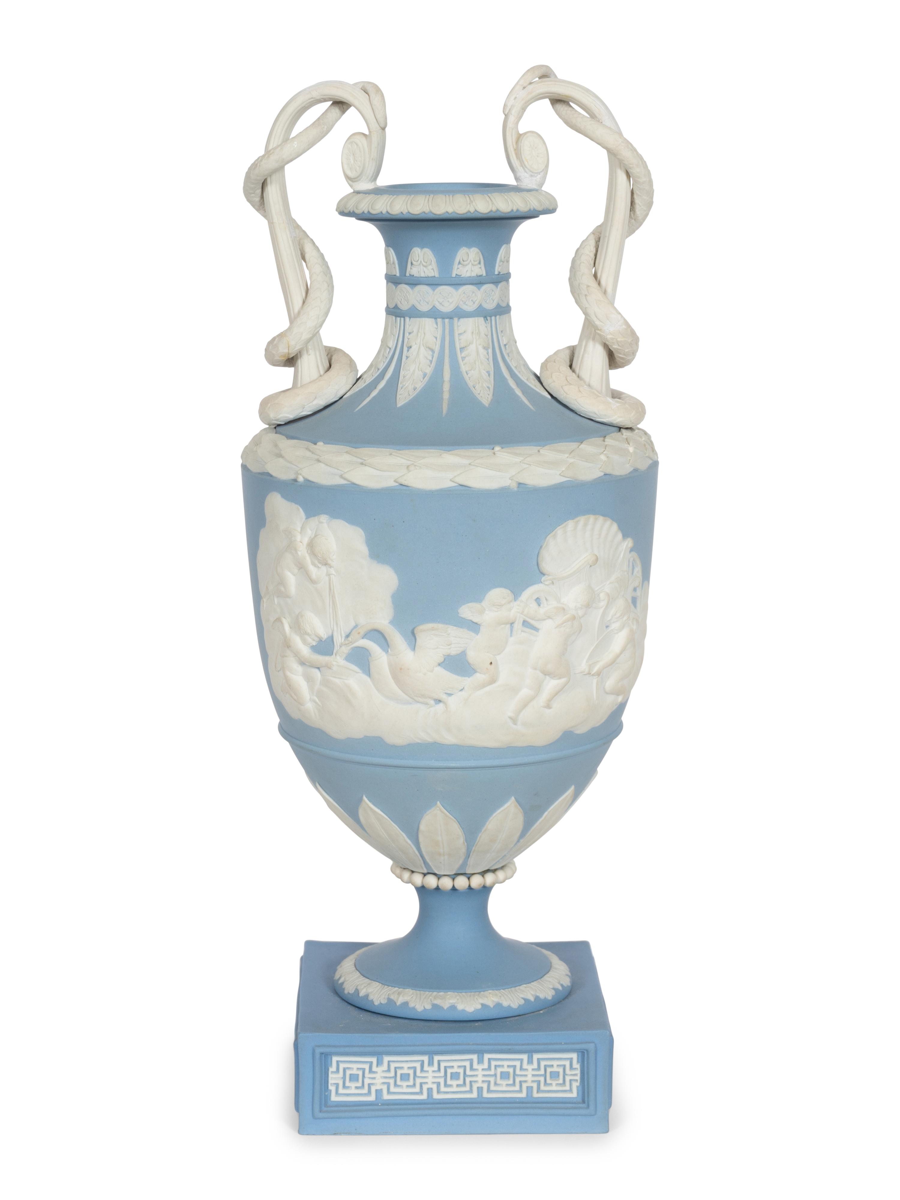 A Pale Blue Wedgwood Jasperware Two-Handled Serpent Vase