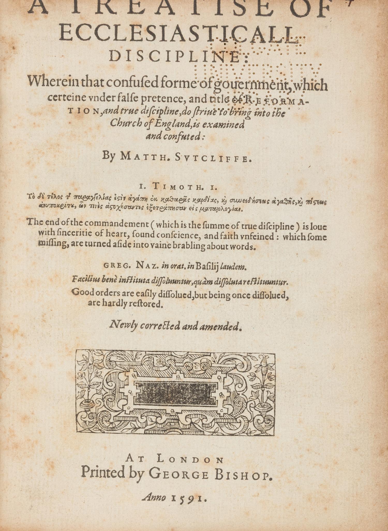 [Religion] Sutcliffe, Matthew. A Treatise of Ecclesiasticall Discipline