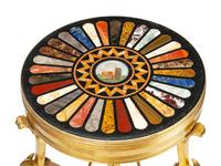 A Pair of Neoclassical Gilt Bronze Tables with Micro-Mosaic and Specimen Marble Tops