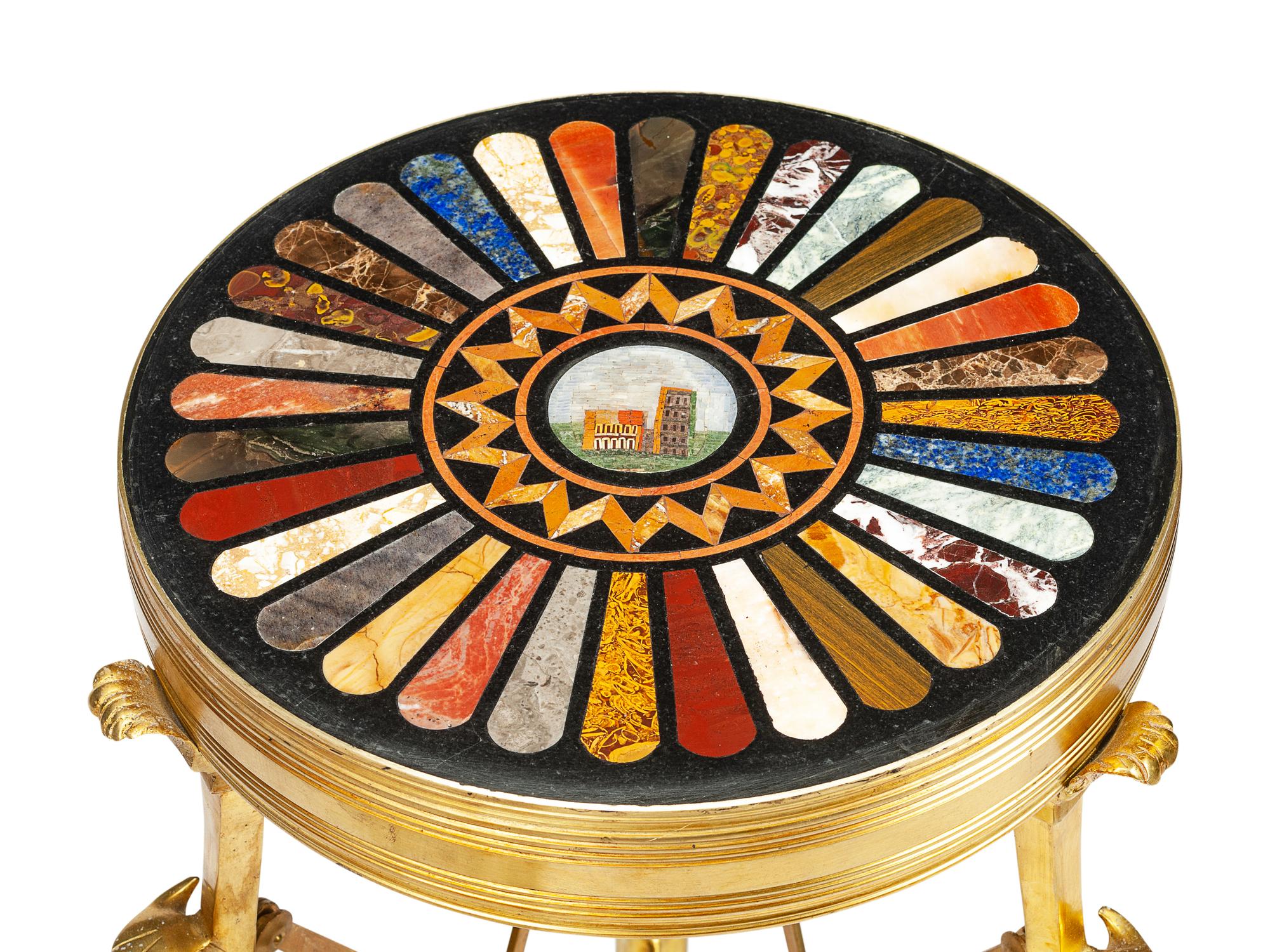 A Pair of Neoclassical Gilt Bronze Tables with Micro-Mosaic and Specimen Marble Tops