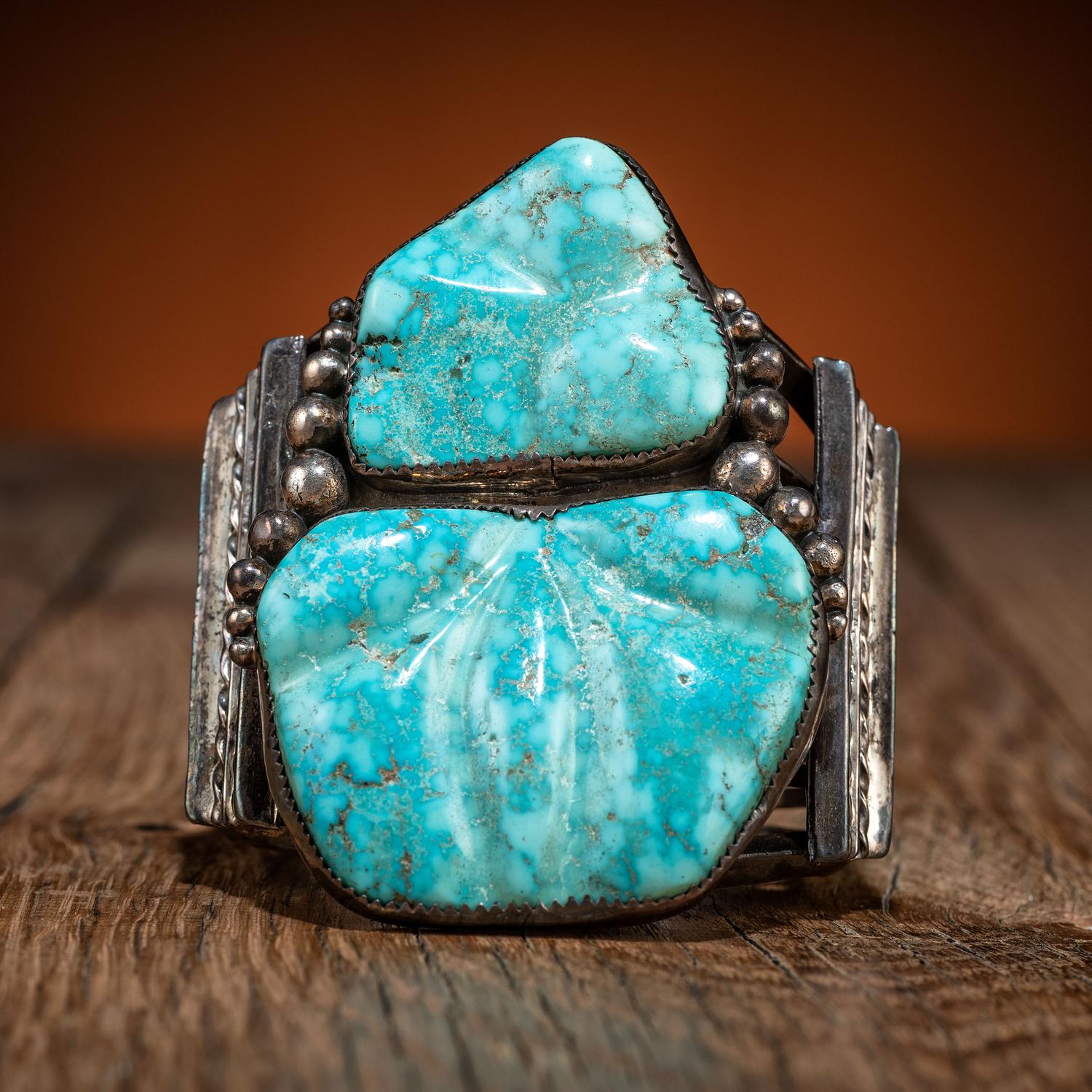 Navajo Sterling Silver Wire and Carved Turquoise Cuff Bracelet