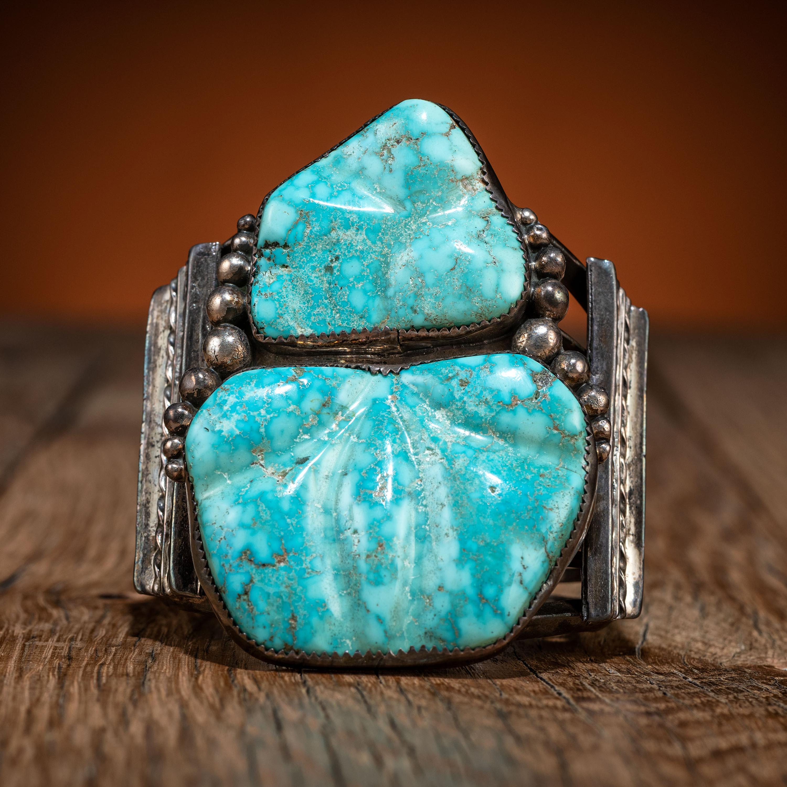 Navajo Sterling Silver Wire and Carved Turquoise Cuff Bracelet