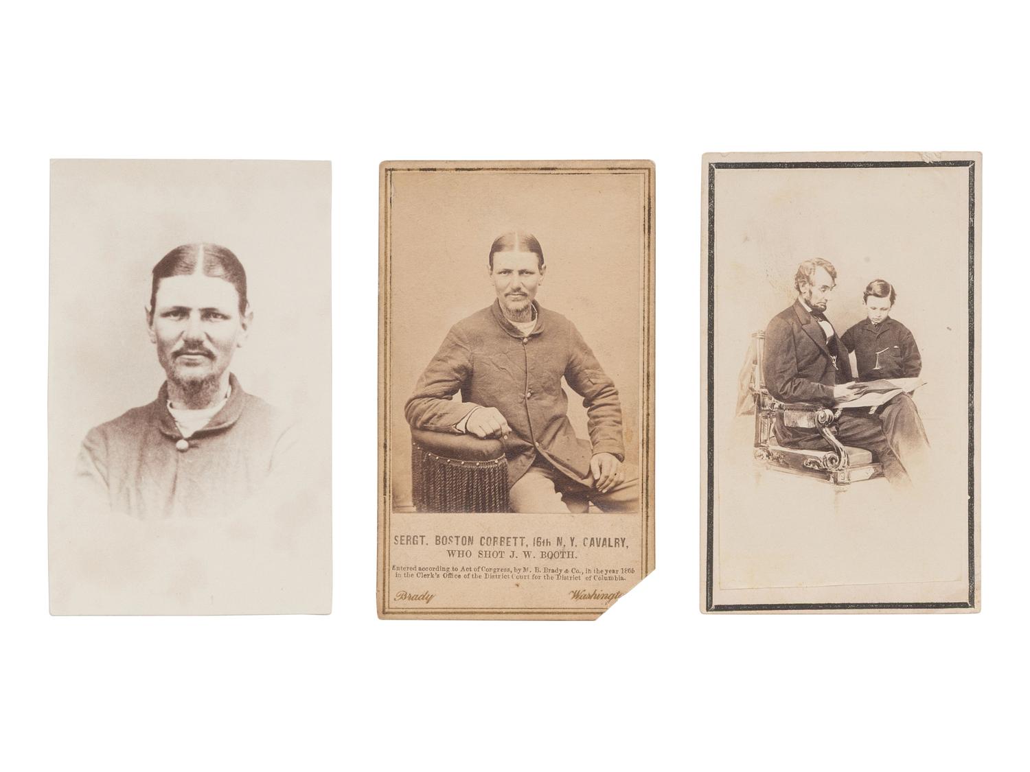 [LINCOLNIANA]. 3 CDVs related to Boston Corbett, killer of John Wilkes Booth.