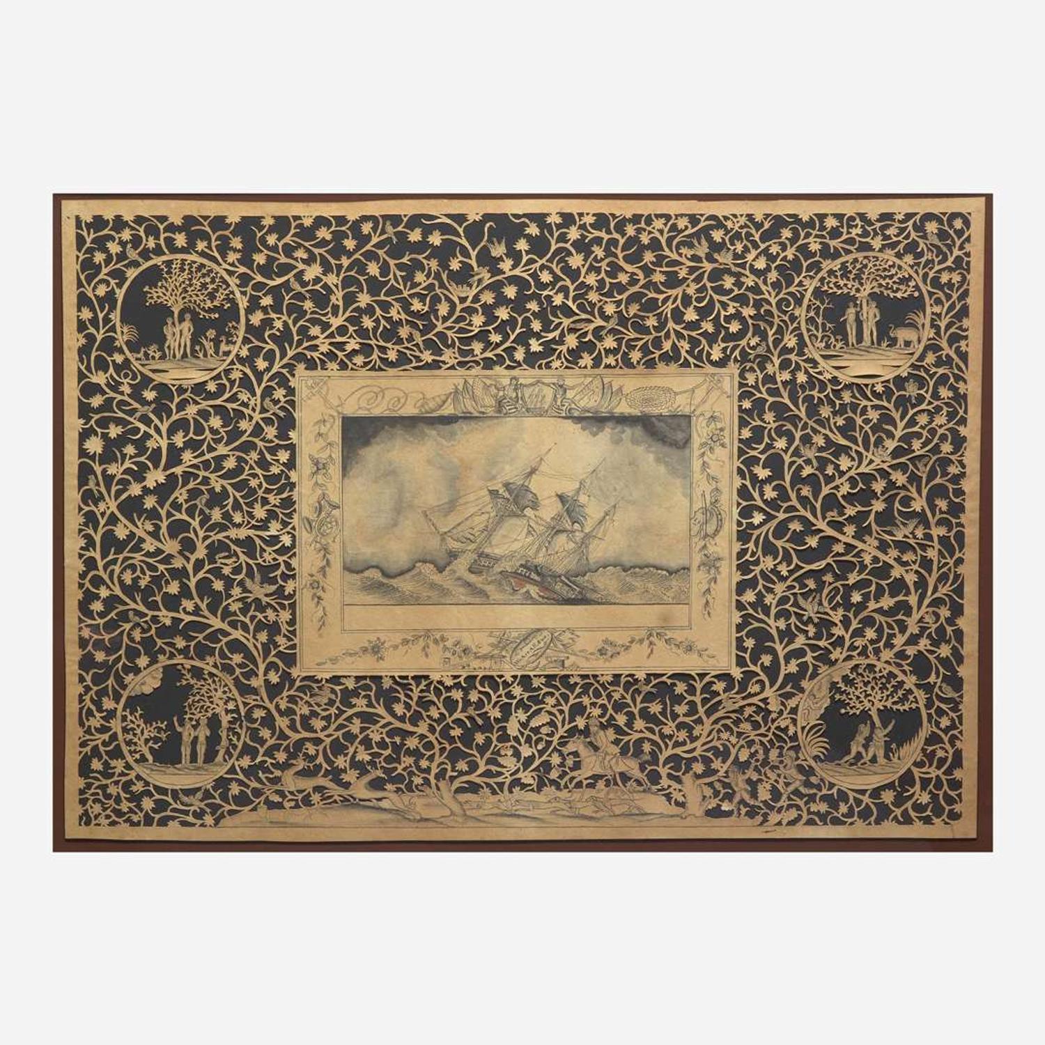 American School 19th century Two Works of Navigational Spiritual Guidance: A Nautical Cut-Work Picture and A Moral Compass for Seaman