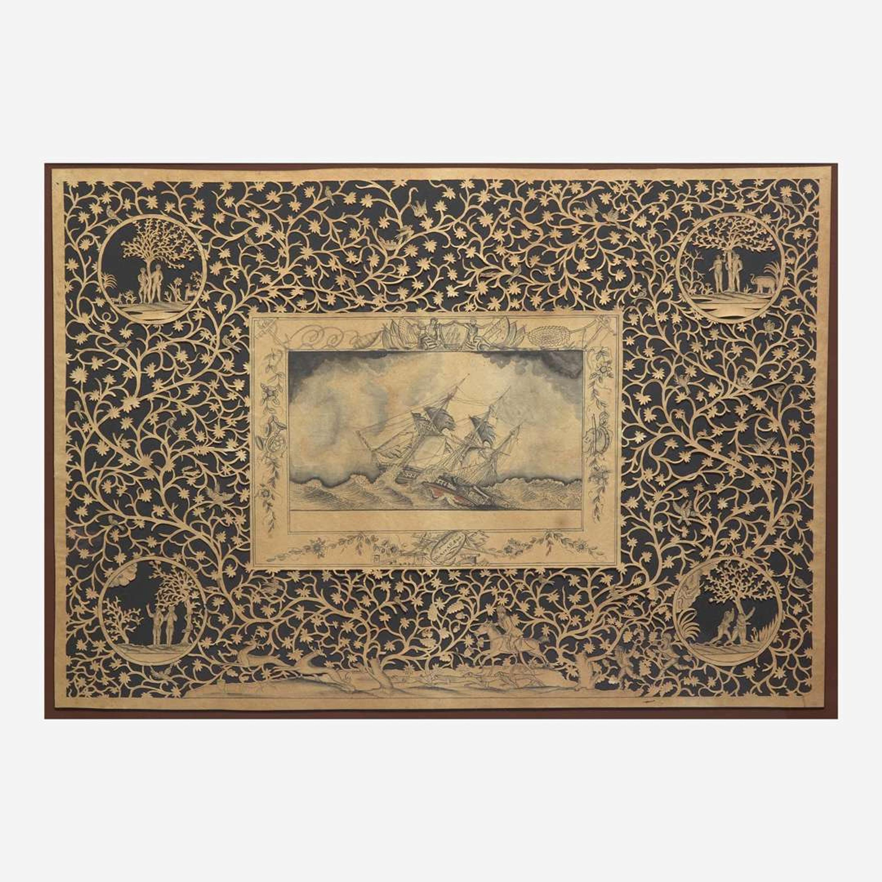 American School 19th century Two Works of Navigational Spiritual Guidance: A Nautical Cut-Work Picture and A Moral Compass for Seaman