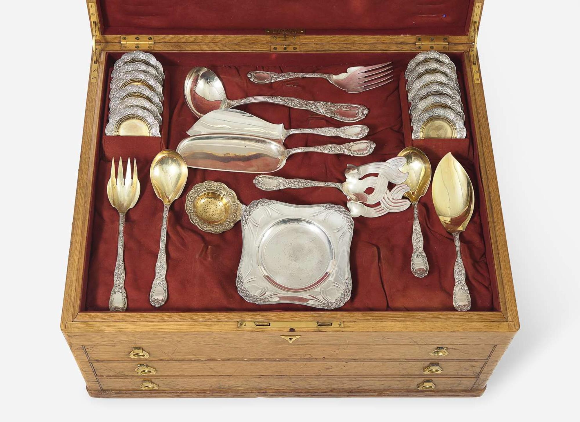 An extensive sterling silver flatware service for twelve in the "Indian Chrysanthemum" pattern, designed by Charles T. Grosjean, Tiffany & Co., New York, NY, circa 1880-1891