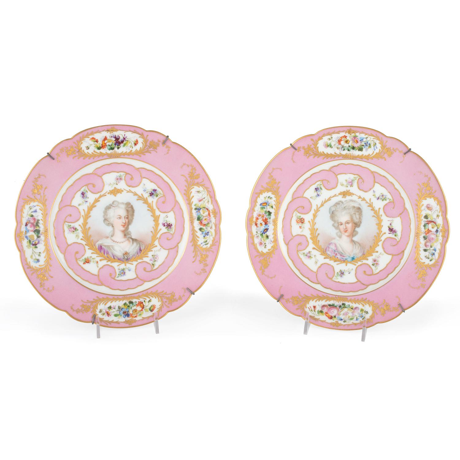 A Pair of Sèvres Parcel Gilt and Polychrome Decorated Marie Antoinette and Mme Necker Plates
