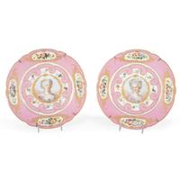 A Pair of Sèvres Parcel Gilt and Polychrome Decorated Marie Antoinette and Mme Necker Plates