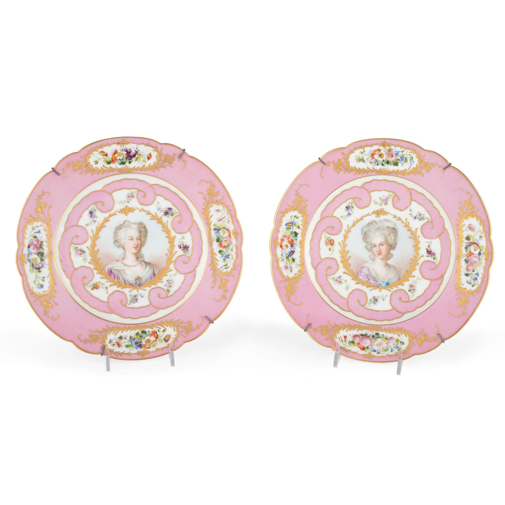 A Pair of Sèvres Parcel Gilt and Polychrome Decorated Marie Antoinette and Mme Necker Plates
