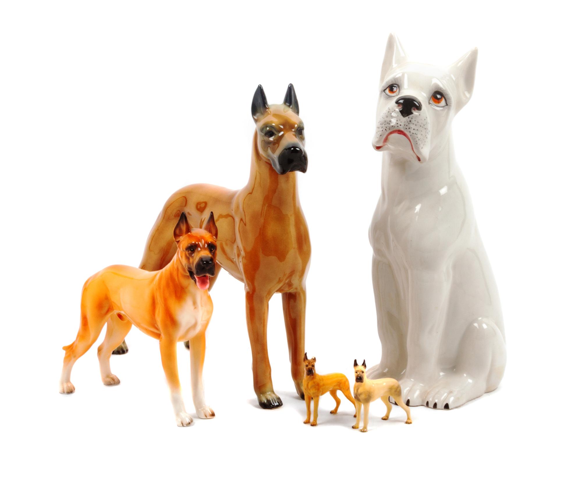 A Group of Five Porcelain Great Dane Figures Height of tallest 14 inches.