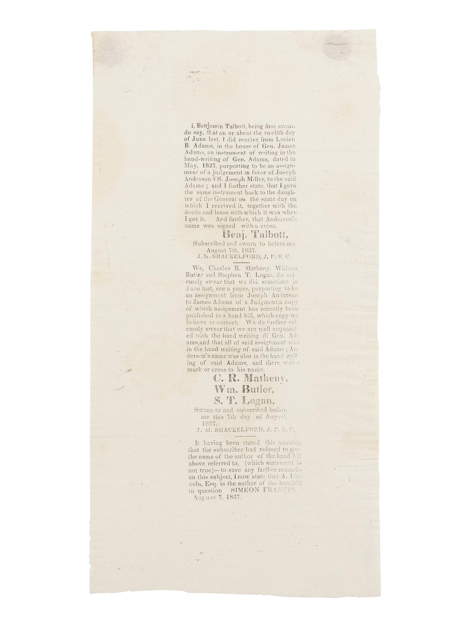 LINCOLN, Abraham (1809-1865). To the Public ... [The Adams Handbill] . Springfield, Illinois, 5 August 1837.