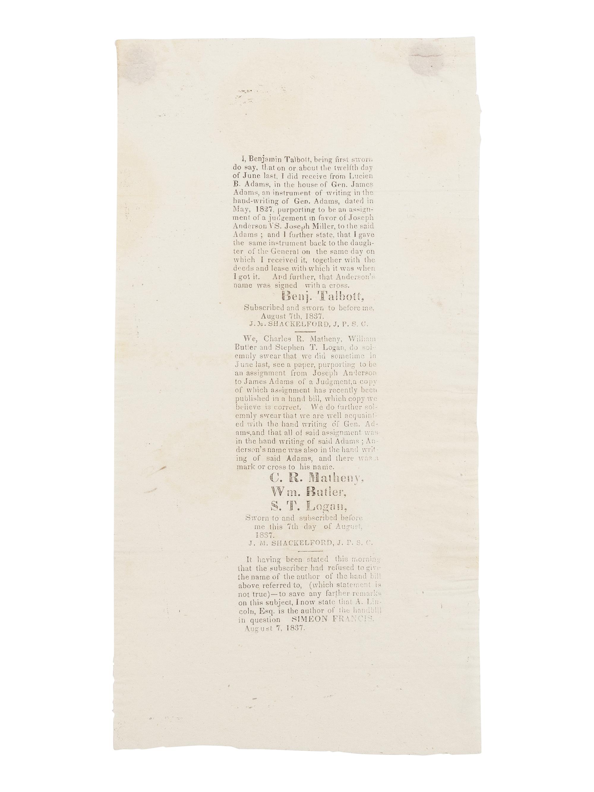 LINCOLN, Abraham (1809-1865). To the Public ... [The Adams Handbill] . Springfield, Illinois, 5 August 1837.