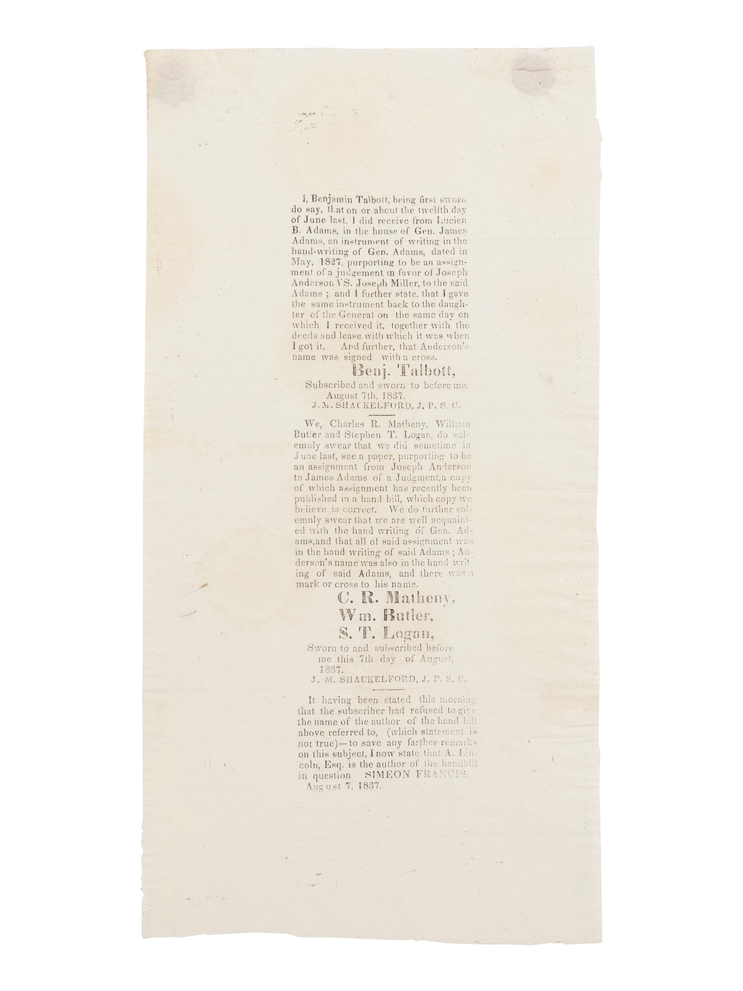 LINCOLN, Abraham (1809-1865). To the Public ... [The Adams Handbill] . Springfield, Illinois, 5 August 1837.